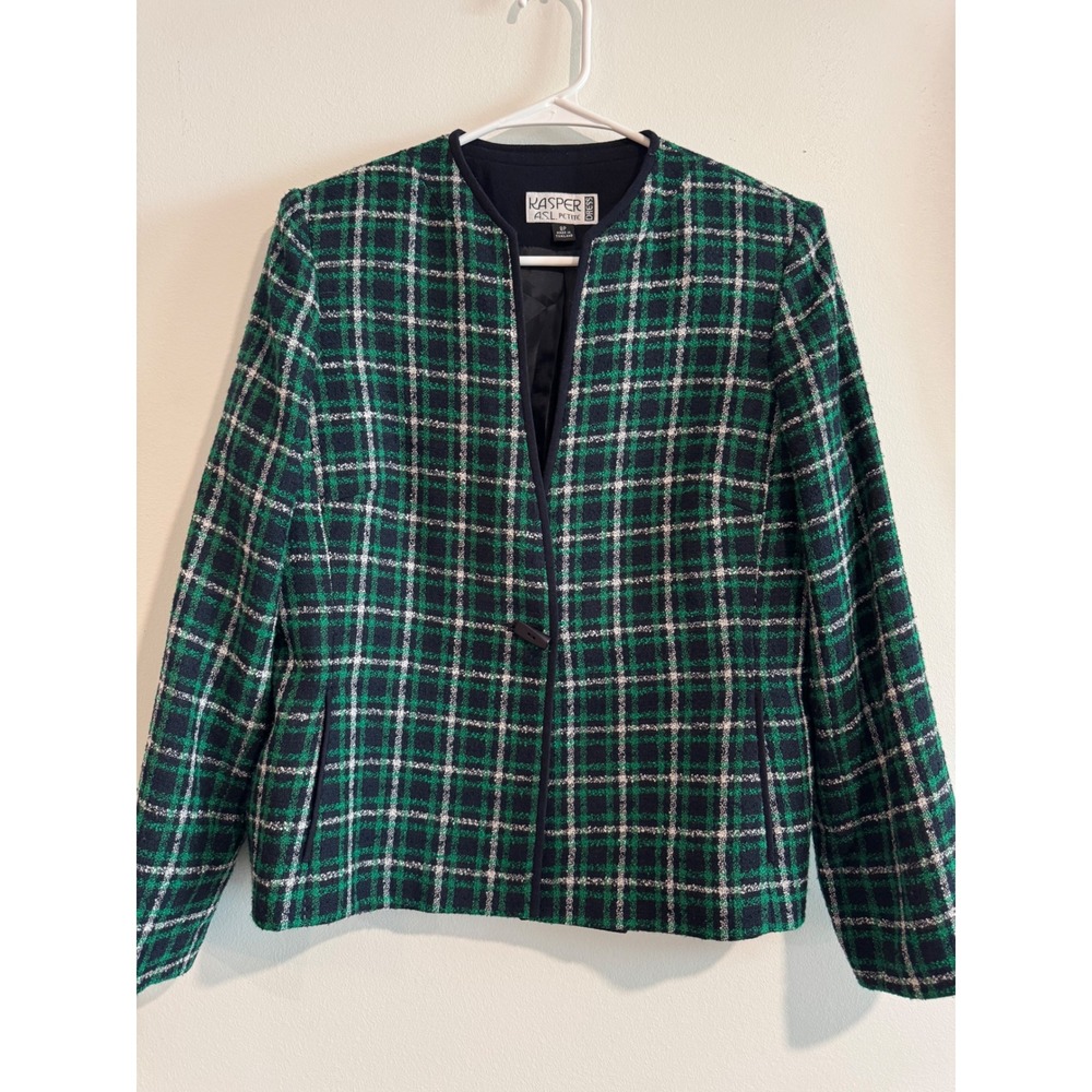 Vintage Holiday Blazer Kasper ASL‎ Petite Plaid Tweed Womens 8P Green Collarless